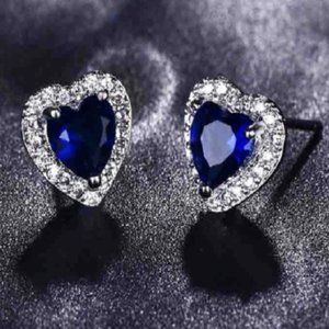 Blue Sapphire Heart Stud Earrings